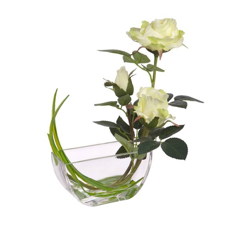 Розы в стеклянной вазе, Д160 Ш50 В320, белый, YW-25 фото на RBNG